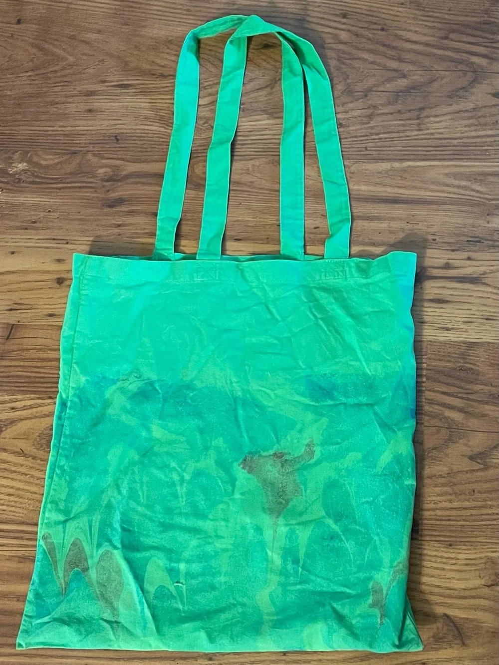 Bright Green Tote Bag with Marbled or Tie Dye Pattern at Bottom of Edge